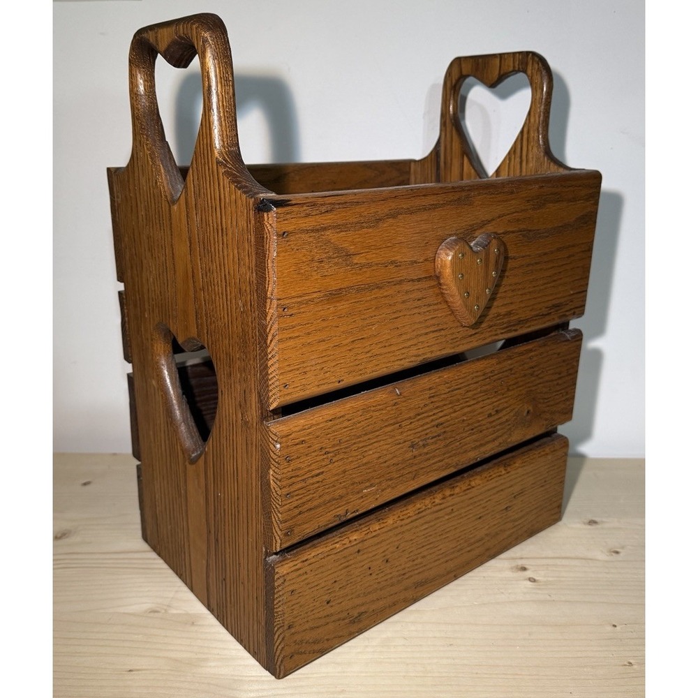 Vintage Wooden Farmhouse Heart Cutout Magazine Rack Basket Cottage Core